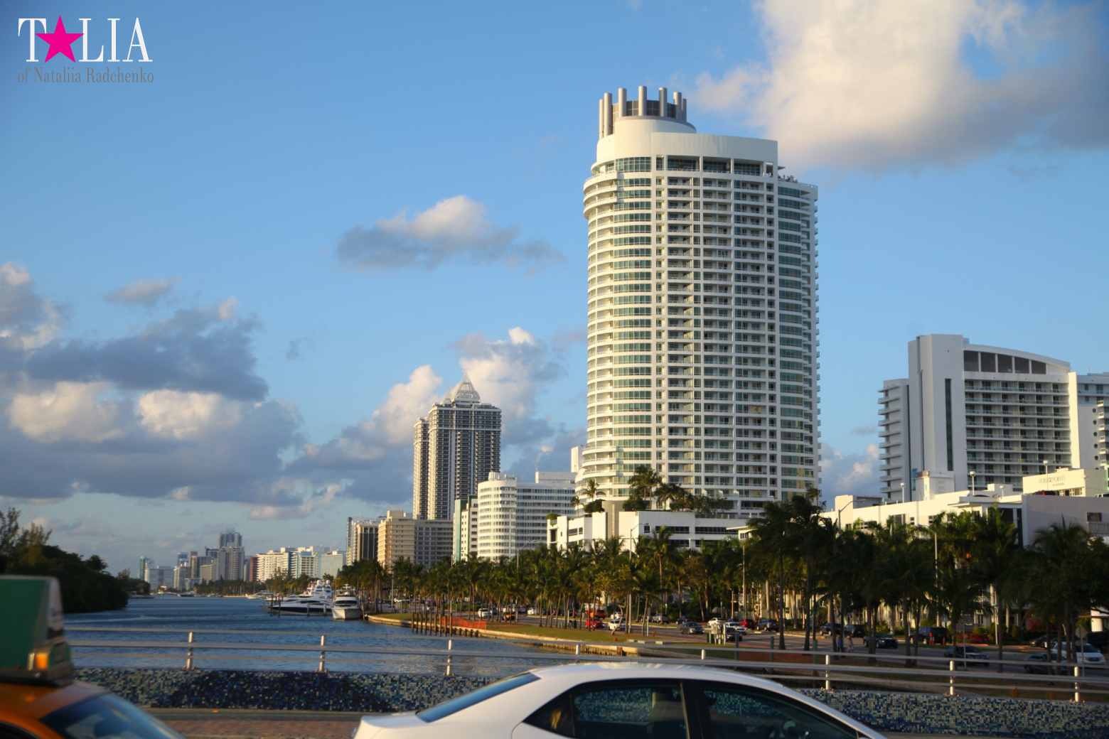 Yachts, Palms, Bay - The promenade of Middle Miami Beach, Collins Avenue